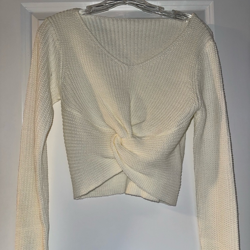 SHEIN Cream Twisted Front Knit V-Neck Sweater